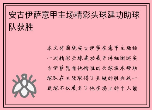 安古伊萨意甲主场精彩头球建功助球队获胜
