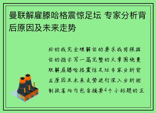 曼联解雇滕哈格震惊足坛 专家分析背后原因及未来走势